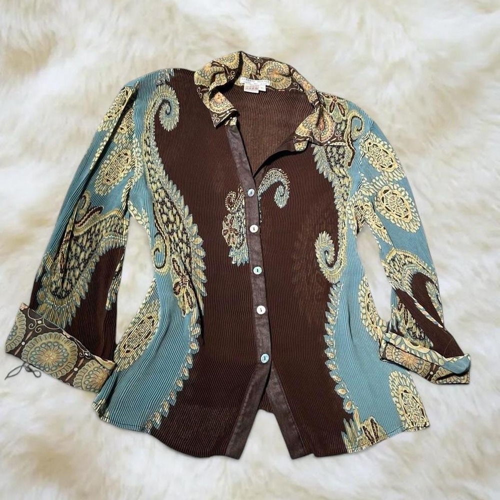 Alberto Makali Y2K Boho Western Brown Paisley Button Up Blouse Large - Picture 7 of 8